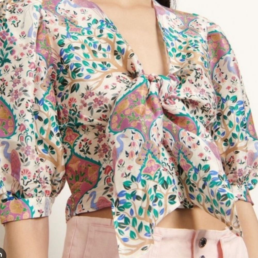 Sandro Multicolor Floral Tie-Front Blouse Short Perfect Condition No Stains